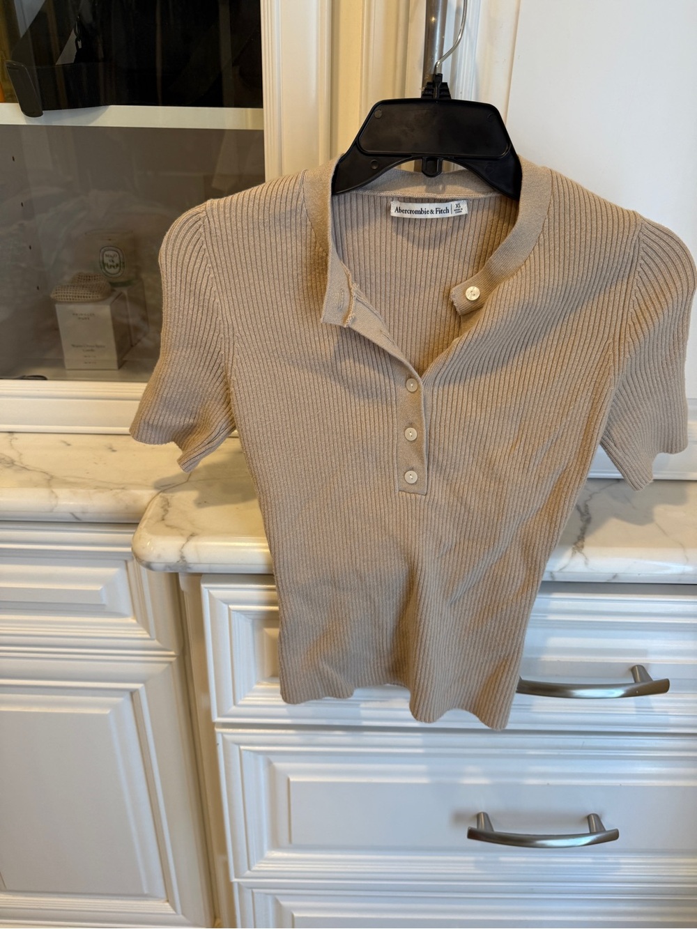Abercrombie & Fitch Beige Ribbed Short-Sleeve Henley Polo